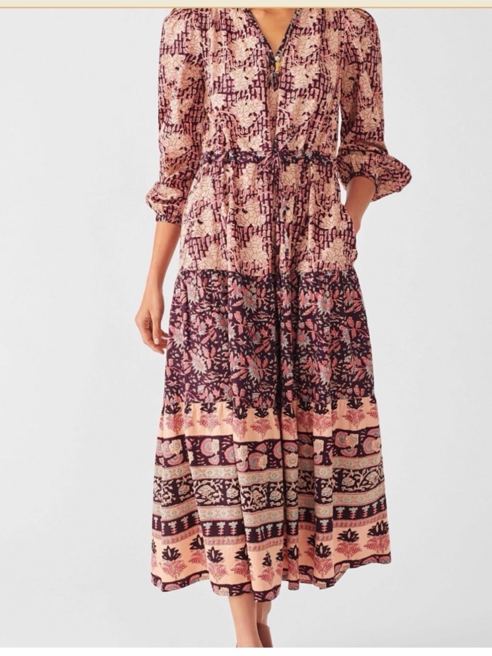 Faherty Bohemian Floral Midi Dress in Blush and Burgundy